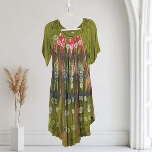 Shoreline Boho Green Short Sleeve Printed Tropical Dress Size Large NWT